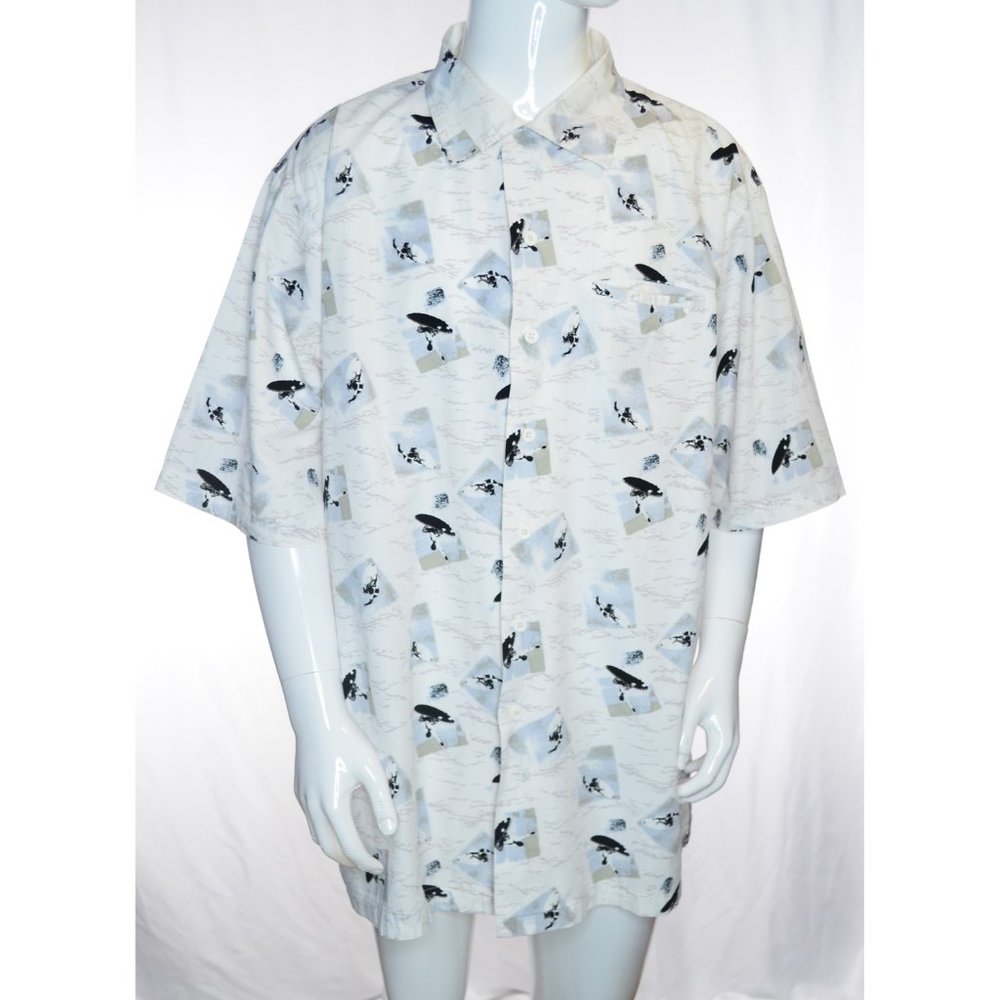 Southpole Surfer Print Cotton Short Sleeve Button Down Shirt White/Blue/Tan XXL